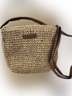 Woven Straw Crossbody Bag with Brown Leather Strap